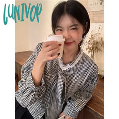Lunivop Vintage Plaid Shirts Women Sweet Cute Bow Bandage Long Sleeve Blouses Korean Elegant Lace
