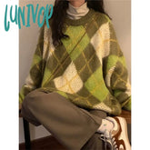 Lunivop Vintage Plaid Sweater Women Harajuku Oversized Argyle Knitted Pullovers Winter Ladies