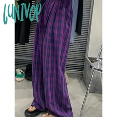 Lunivop Vintage Plaid Wide Leg Pants Women High Waist Straight Casual Trousers Harajuku Korean