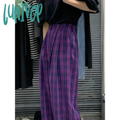 Lunivop Vintage Plaid Wide Leg Pants Women High Waist Straight Casual Trousers Harajuku Korean