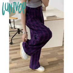 Lunivop Vintage Plaid Wide Leg Pants Women High Waist Straight Casual Trousers Harajuku Korean