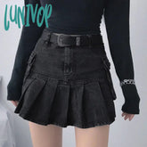 Lunivop Vintage Pleated Denim Skirts Women Dark Academia Fashion Goth Black High Waist Skirt 90S
