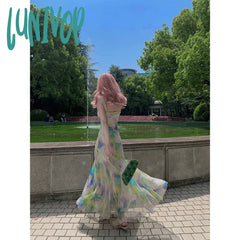 Lunivop Vintage Print Dress For Women Sexy Sleeveless Backless Y2K Spaghetti Strap Maxi Dresses