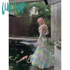 Lunivop Vintage Print Dress For Women Sexy Sleeveless Backless Y2K Spaghetti Strap Maxi Dresses