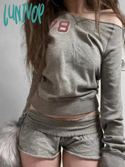 Lunivop Vintage Print Sweatshirts Slash Neck Full Sleeve Backless Pullovers Women Autumn Winter