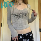 Lunivop Vintage Retro Star Print Elastic T Shirt 2000S Women Slim Crop Top Harajuku Casual Y2K