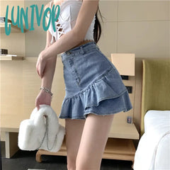 Lunivop Vintage Ruffles Denim Mini Skirt Women Y2K 2000S High Waist Jeans Hip Wrap Skirts