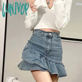 Lunivop Vintage Ruffles Denim Mini Skirt Women Y2K 2000S High Waist Jeans Hip Wrap Skirts