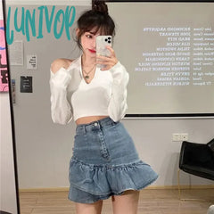 Lunivop Vintage Ruffles Denim Mini Skirt Women Y2K 2000S High Waist Jeans Hip Wrap Skirts