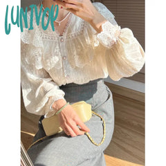 Lunivop Vintage Ruffles Shirts Women Elegant Lace Patchwork Blouses Office Lady Korean V Neck Long
