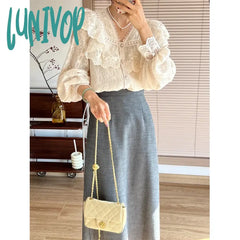 Lunivop Vintage Ruffles Shirts Women Elegant Lace Patchwork Blouses Office Lady Korean V Neck Long