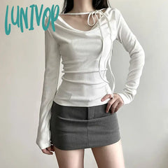 Lunivop Vintage Sexy Black Cropped T Shirts Women Korean Style Bandage V Neck White Tops Casual