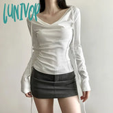 Lunivop Vintage Sexy Black Cropped T Shirts Women Korean Style Bandage V Neck White Tops Casual