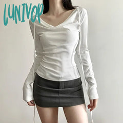 Lunivop Vintage Sexy Black Cropped T Shirts Women Korean Style Bandage V Neck White Tops Casual