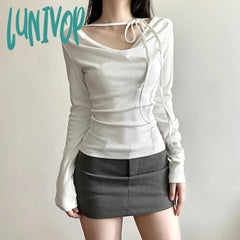 Lunivop Vintage Sexy Black Cropped T Shirts Women Korean Style Bandage V Neck White Tops Casual