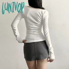 Lunivop Vintage Sexy Black Cropped T Shirts Women Korean Style Bandage V Neck White Tops Casual