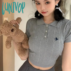 Lunivop Vintage Shirts For Women Angel Embroidery Tshirts Crop Tops Casual Fashion Knitted Summer T