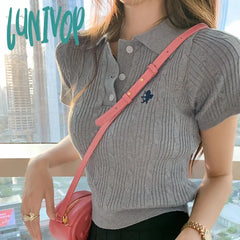 Lunivop Vintage Shirts For Women Angel Embroidery Tshirts Crop Tops Casual Fashion Knitted Summer T