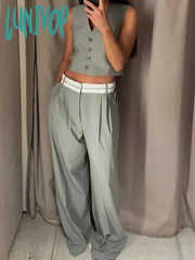 Lunivop Vintage Simple 2 Piece Set Solid Gray V Neck Vest With Casual Trouser Outfits For Women