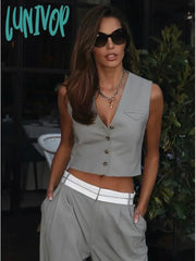 Lunivop Vintage Simple 2 Piece Set Solid Gray V Neck Vest With Casual Trouser Outfits For Women