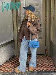 Lunivop Vintage Solid Collarless Women’s Short Coat Fashion Long Sleeved Splicing Warm Jacket