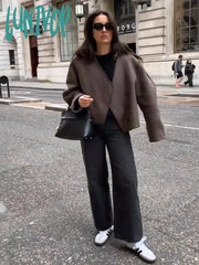 Lunivop Vintage Solid Collarless Women’s Short Coat Fashion Long Sleeved Splicing Warm Jacket