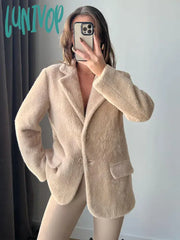 Lunivop Vintage Solid Lapel Single Breasted Coat Women Casual Long Sleeve Warm Thick Jackets Winter