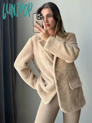 Lunivop Vintage Solid Lapel Single Breasted Coat Women Casual Long Sleeve Warm Thick Jackets Winter