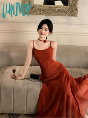 Lunivop Vintage Solid Sleeveless Long Dress Women Summer Ruffles Spaghetti Strap Vestidos Female