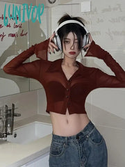Lunivop Vintage Streetwear Crop Blouses Women Solid Sexy See Through Transparent Mesh Tops Female