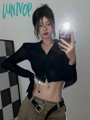 Lunivop Vintage Streetwear Crop Blouses Women Solid Sexy See Through Transparent Mesh Tops Female