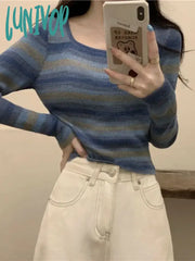 Lunivop Vintage Striped Knitted Tops Women Slim Fit Square Collar Bottoming Shirts Harajuku