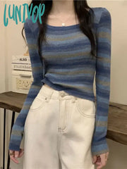 Lunivop Vintage Striped Knitted Tops Women Slim Fit Square Collar Bottoming Shirts Harajuku