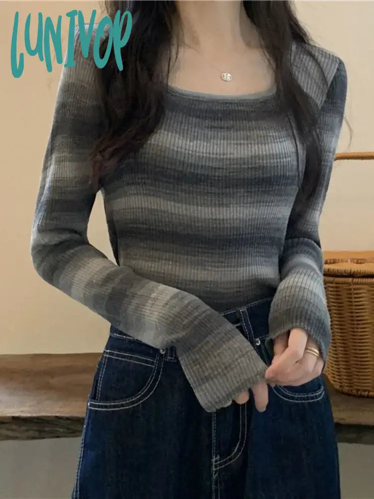 Lunivop Vintage Striped Knitted Tops Women Slim Fit Square Collar Bottoming Shirts Harajuku