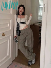 Lunivop Vintage Striped Print Crop Tops Women Korean Style Y2K Square Neck Female Casual Kpop Long