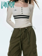 Lunivop Vintage Striped Print Crop Tops Women Korean Style Y2K Square Neck Female Casual Kpop Long