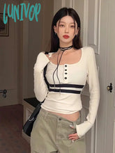 Lunivop Vintage Striped Print Crop Tops Women Korean Style Y2K Square Neck Female Casual Kpop Long