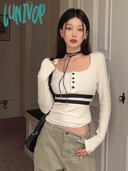 Lunivop Vintage Striped Print Crop Tops Women Korean Style Y2K Square Neck Female Casual Kpop Long