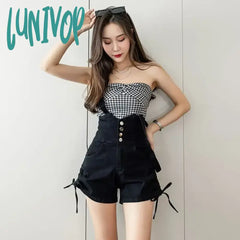 Lunivop Vintage Summer Denim Pants Black Overalls Shorts High Waist Suspender Jumpsuit For Women