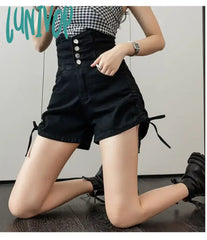 Lunivop Vintage Summer Denim Pants Black Overalls Shorts High Waist Suspender Jumpsuit For Women