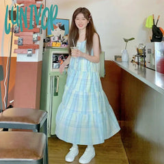 Lunivop Vintage Sweet Plaid Dress Women Sexy Spaghetti Strap Ruffles Print A Line Midi Dresses Y2K