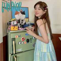 Lunivop Vintage Sweet Plaid Dress Women Sexy Spaghetti Strap Ruffles Print A Line Midi Dresses Y2K