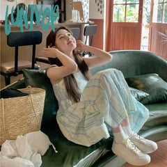 Lunivop Vintage Sweet Plaid Dress Women Sexy Spaghetti Strap Ruffles Print A Line Midi Dresses Y2K