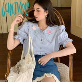Lunivop Vintage Sweet Shirts Women Embroidery Floral Print Blouses Summer Korean Preppy Student