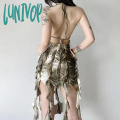 Lunivop Vintage Tie-Dye Hole Tassel Halter Camisole Tops Summer Sexy Backless Vest For Women 2204