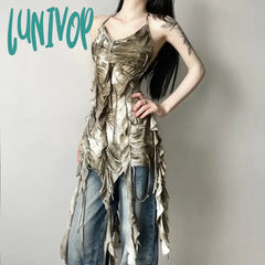 Lunivop Vintage Tie-Dye Hole Tassel Halter Camisole Tops Summer Sexy Backless Vest For Women 2204