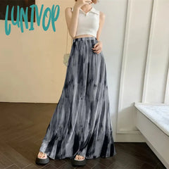 Lunivop Vintage Tie Dye Long Skirt Women Harajuku Tulle Print Maxi Skirts Summer Vacation Korean