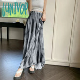 Lunivop Vintage Tie Dye Long Skirt Women Harajuku Tulle Print Maxi Skirts Summer Vacation Korean