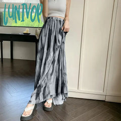 Lunivop Vintage Tie Dye Long Skirt Women Harajuku Tulle Print Maxi Skirts Summer Vacation Korean