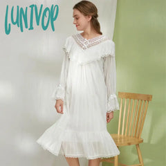Lunivop Vintage White Night Dress Women Cotton Embroidery Lace Princess Sleepwear Victorian